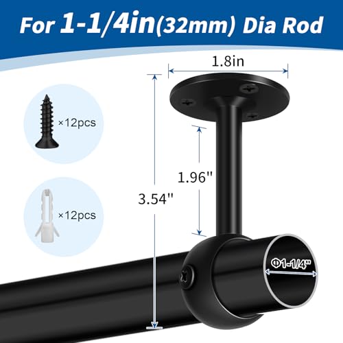 Heavy Duty Ceiling Curtain Rod Brackets, 4 Pack Black Holders for 1.25-Inch