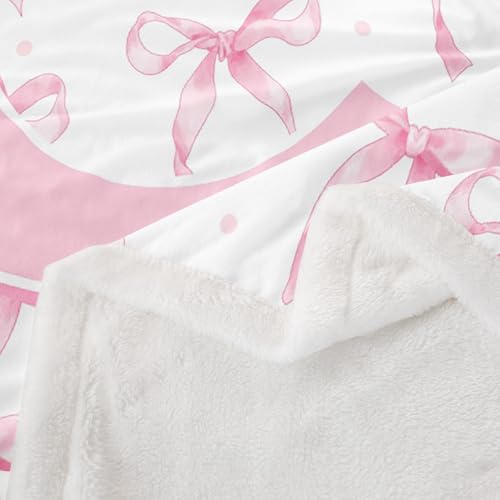 Pink C & White Bow Blanket Throw 50x60 Fleece & Sherpa Kids Teen Girl Decor