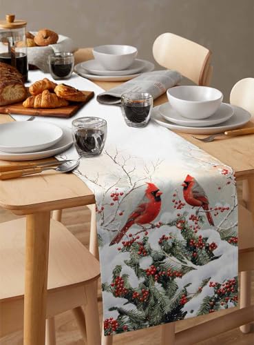 Winter Christmas Cardinal Table Runner 13x36 Red Berry Pine Leaves – 100% Polyester