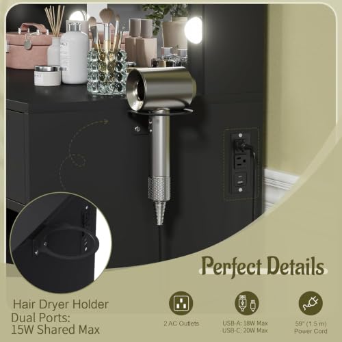 Vanity Desk with Lighted Mirror, Drawers, Power Outlet and Bench - Black