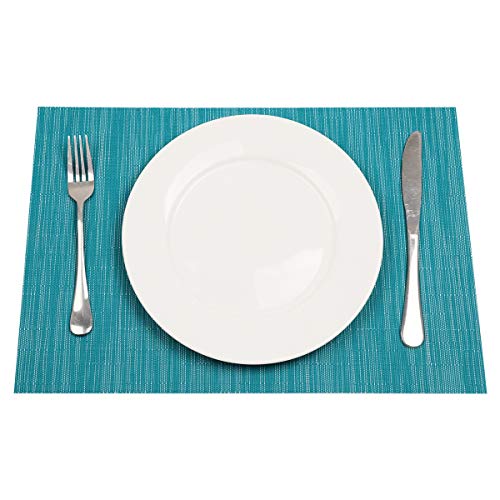 Woven Vinyl Placemats Set of 4, Heat Resistant Non-Slip Table Mats - Teal Blue