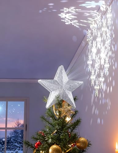 Lighted Christmas Tree Topper - 3D Silver Star with LED Snowflake Projector