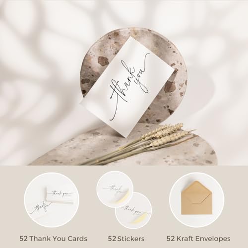 SPIRITDUST 52-Pack Thank You Cards Bulk with Kraft Envelopes and Stickers, Minimalist 3.5x5