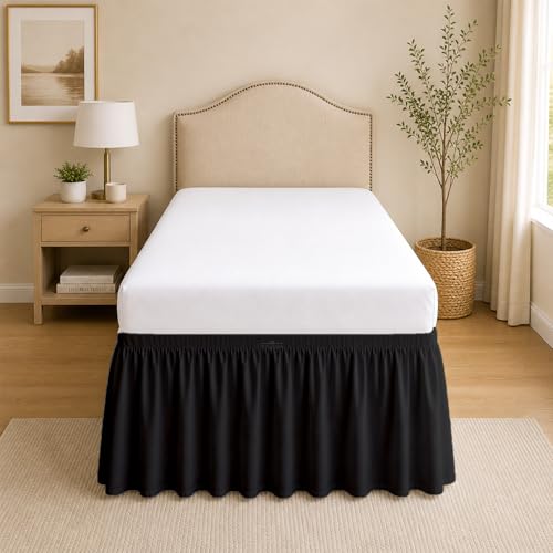 Twin XL Ruffled Bed Skirt with 36 Inch Drop - Black Microfiber Dorm Skirt