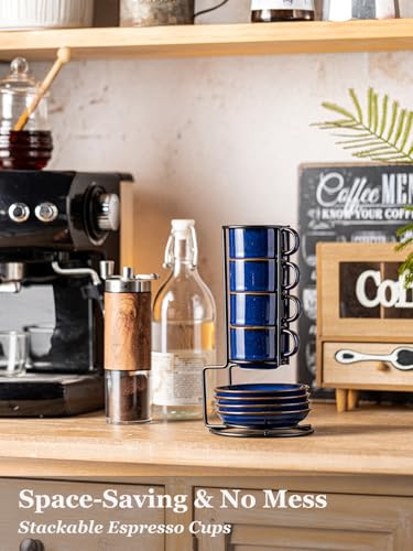 Gomakren Cobalt Blue 2.5oz Espresso Cups & Saucers Set of 4 with Metal Rack