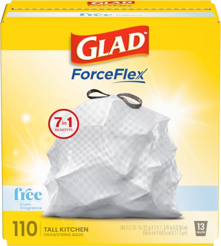 Glad ForceFlex 13 Gallon Tall Kitchen Trash Bags, Fragrance Free, 110 Count