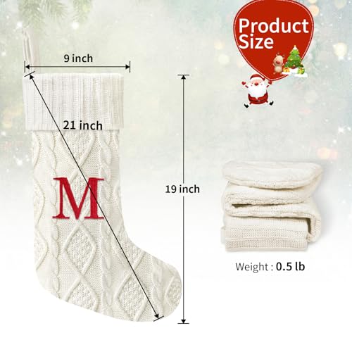 Yoochee 21 Inch White Knitted Christmas Stocking with Initials - Monogram Letter-M, Large Personalised Xmas Decoration