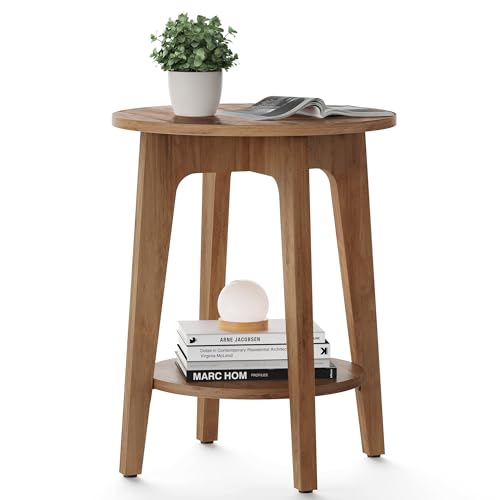 2-Tier Small Round Side Table, Mid-Century Modern End Table, Honey Brown