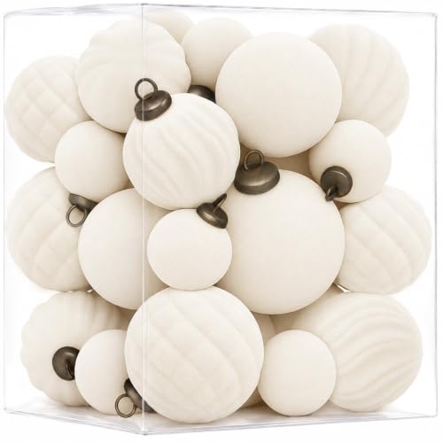 Velvet Christmas Ornaments Set 36pcs Beig e Mixed Flocked Balls Shatterproof for Tree Holiday Decor