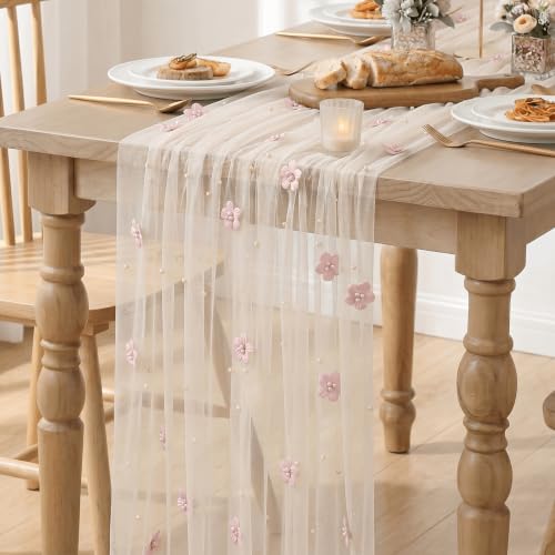 Artoid Mode 28x120 Inch Pink & White Pearl Flower Gauze Table Runner for Wedding & Holiday Decor