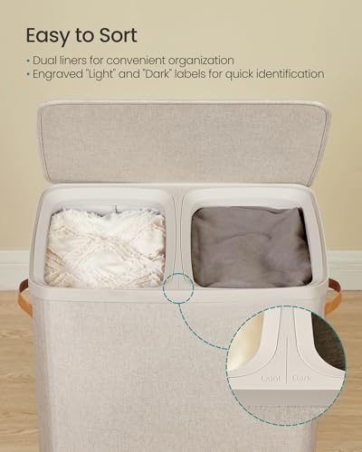 SONGMICS 44.9 Gal. 2-Compartment Laundry Hamper with Lid and Removable Liners, Cappuccino Beige