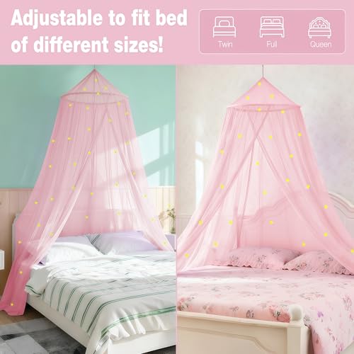 Pink Princess Bed Canopy with Glow-in-the-Dark Stars - Round Dome Curtain
