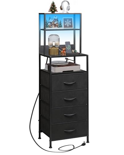 Tall Nightstand with Charging Station, LED Light and 4 Fabric Drawers
