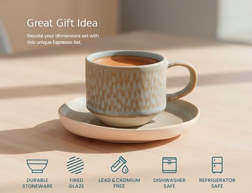 KooK 5.5 Oz Espresso Mug & Saucer Set - Ceramic, Rustic Organic Shape, Multicolor, Dishwasher & Microwave Safe