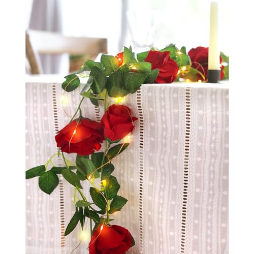 Christmas Red Fairy String Lights & Red Rose Silk Garland Set - 29 Ft 4 Pack