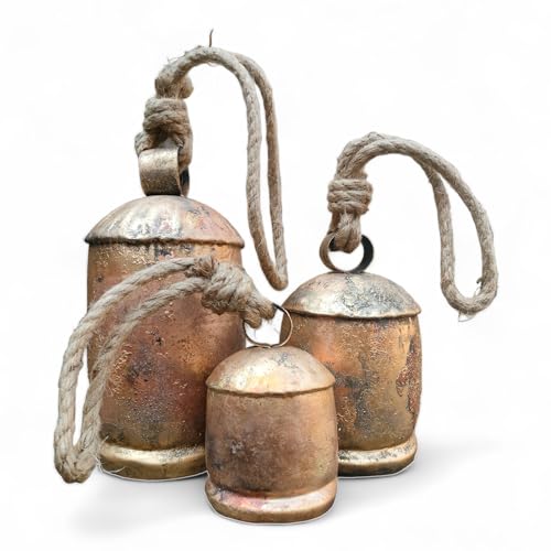 Set of 3 Large Metal Christmas Bells – Rustic Brass Gold Handcrafted Wall Hanging Cow Bells
