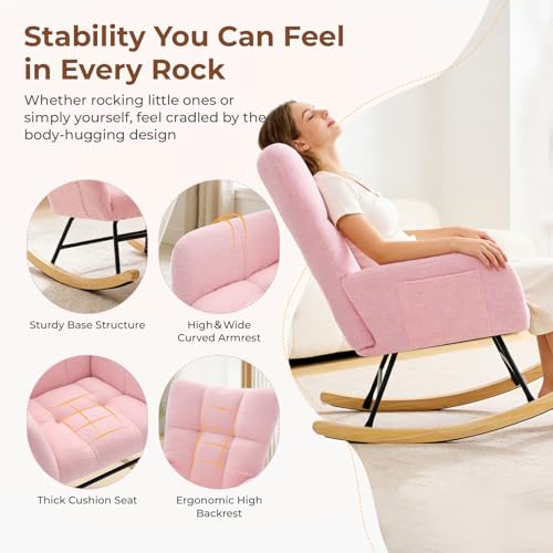 Teddy Upholstered Nursery Rocking Chair - High Back Glider Rocker, Pink