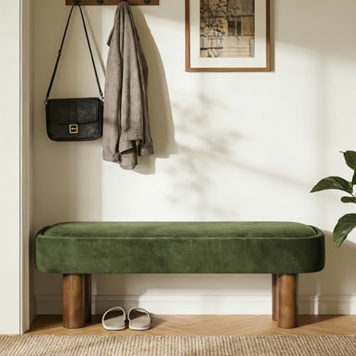Upholstered Dining Bench, Olive Green Fabric Entryway Bench with Walnut Legs