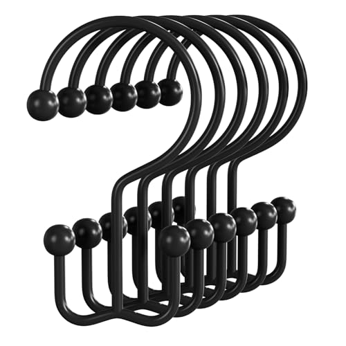 Matte Black Double Shower Curtain Hooks - Rust-Proof Metal Rings (12 Pack)