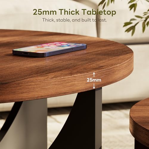2-Piece Nesting Coffee Table Set, Walnut Wood Round Side Tables