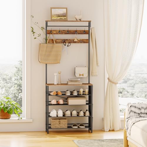 Industrial Hall Tree with Bench, Entryway Coat Rack and Shoe Storage
