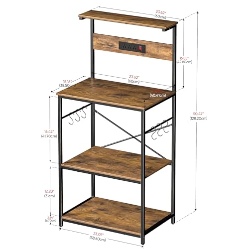 4-Tier Kitchen Bakers Rack with Power Outlet and Storage, Rustic Brown