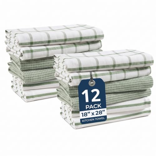 12-Pack Cotton Kitchen Towels - 18" x 28" Absorbent Dish Towels, Olive