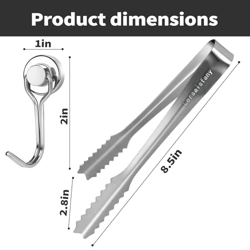 Stainless Steel Ice Tongs 8.5 Inch for Jumbo Ice Balls & Cubes, Magnetic Hook for Whiskey & Bar Use