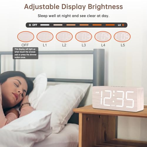 DreamSky Wooden Digital Alarm Clock for Bedroom with Large Numbers & Loud Alarm