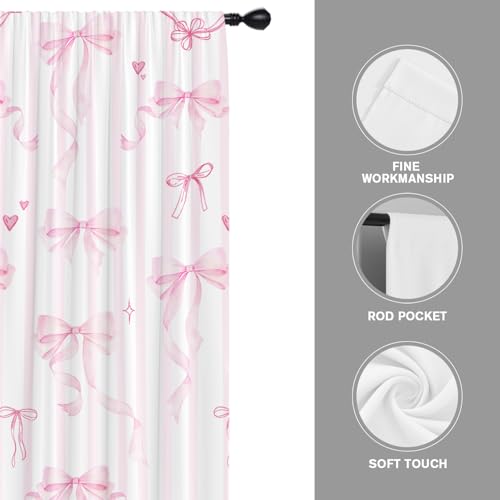 Pink Bow Curtains for Girls Room - 42x63 Inch Rod Pocket Drapes