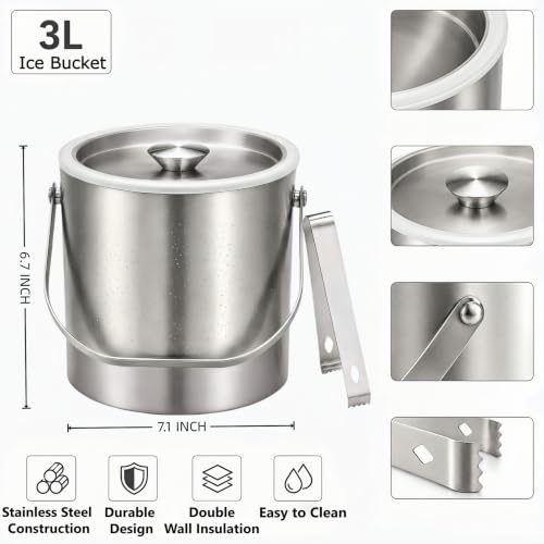 3L Stainless Steel Insulated Ice Bucket with Lid & Tongs for Home Bar