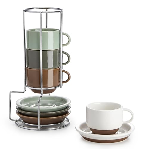 Sweese 2.5oz Espresso Cups Set of 4 with Saucers & Metal Stackable Stand - Earthy Spectrum