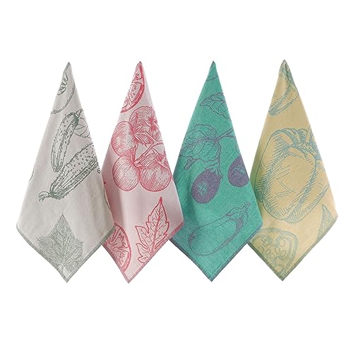 100% Turkish Cotton Kitchen Dish Towels, Jacquard Vegetable Print Set of 4