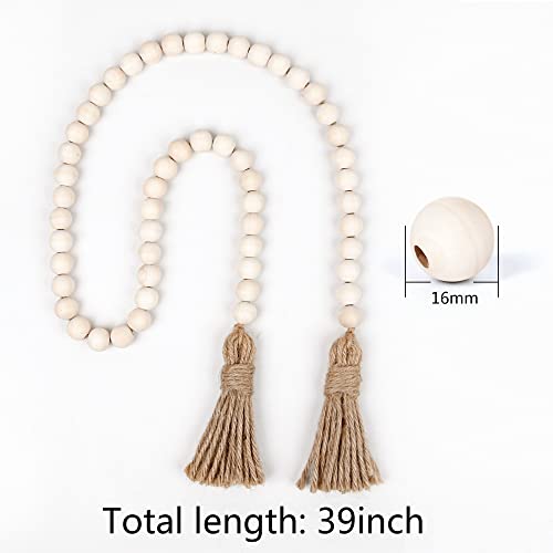 39-Inch Natural Wood Bead Garland with Jute Tassels, Boho Farmhouse Decor