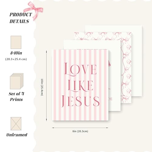 Pink Bow Christian Wall Art Decor - 10x8 Inch Inspirational Bible Verses Set of 4