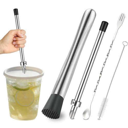 Meiye 4-Piece Stainless Steel Lemonade Stand Tool Set - Straw Puncher, Muddler & Spoon