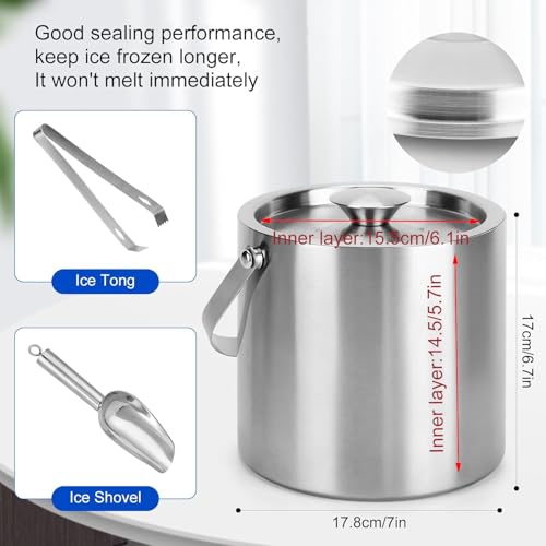 3L Double Wall Stainless Steel Ice Bucket with Lid, Scoop & Tongs - Portable