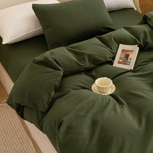 100% Washed Cotton Queen Duvet Cover Set - 3 Piece Bedding (Avocado Green)