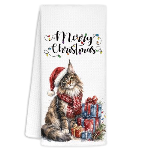 Santa Tabby Cat Christmas Kitchen Towels 16x24in - Merry Christmas Decor