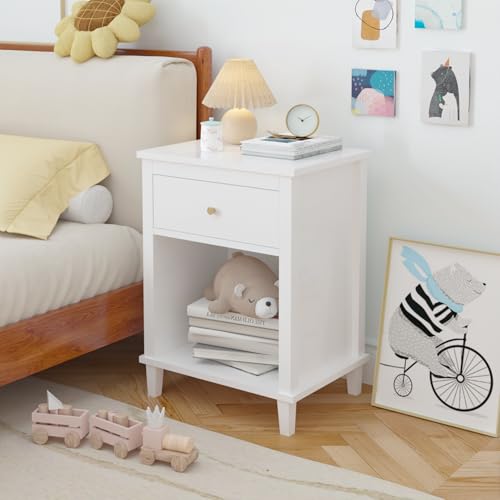 Extrasleep Kids Nightstand with Storage Drawer - White, 27"H Toddler Bedside Table for Boys & Girls, Modern End Table with Shelf