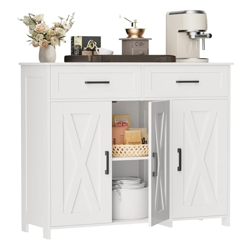 Farmhouse Coffee Bar Cabinet with Drawers and Adjustable Shelves, White