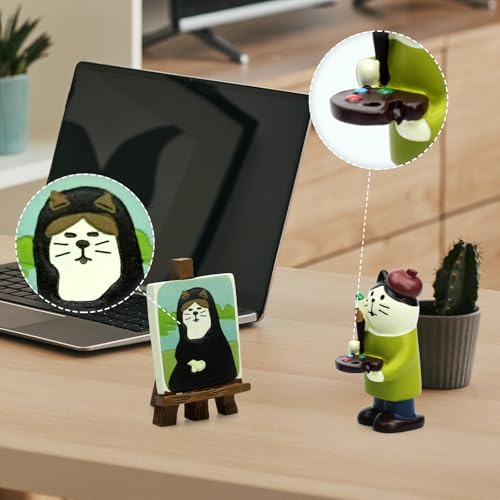 Mini Artist Cat Figurine Set with Easel, Resin Desk Decor