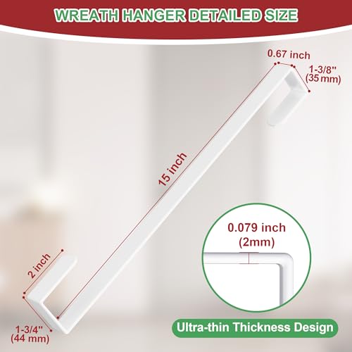 Heavy-Duty 15-Inch Reversible Wreath Hanger Over the Door Hooks - White, 2 Pack