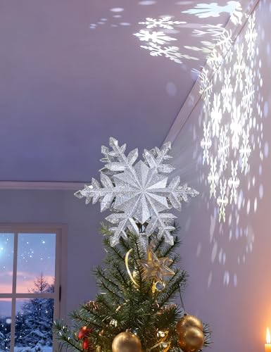 Silver Christmas Tree Topper with Built-in Rotating Snowflake LED Projector