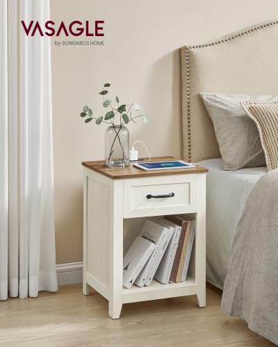 Farmhouse Nightstands with Charging Station, Set of 2 Bedside Tables