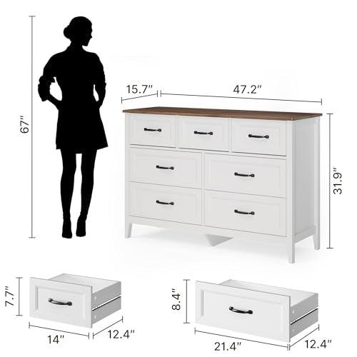 6 and 7 Drawer Bedroom Dresser Set, White Wood Chest with Rustic Top