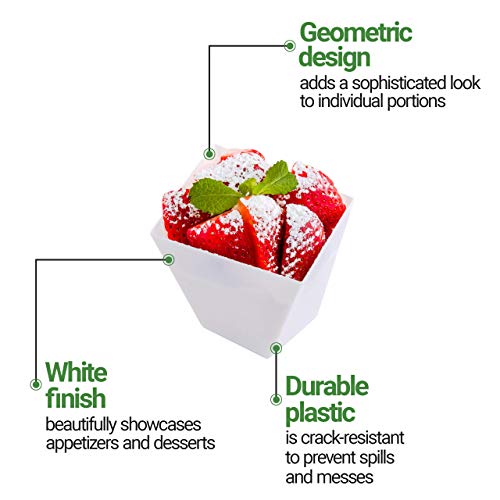 Restaurantware 5.5 Ounce Appetizer Dishes 100 Disposable Square Cups - Large Sturdy White Plastic Dessert Bowls Unique Design For Appetizers Desserts Fruits At Buffets Or Parties