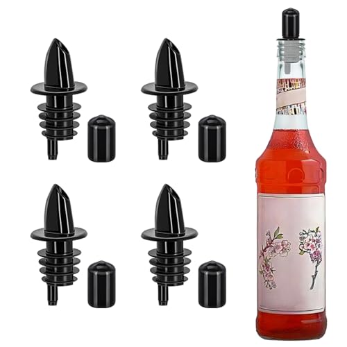 Eispap Black Plastic Bottle Pourers with Rubber Dust Caps - 4 Pack for Oil & Liquor