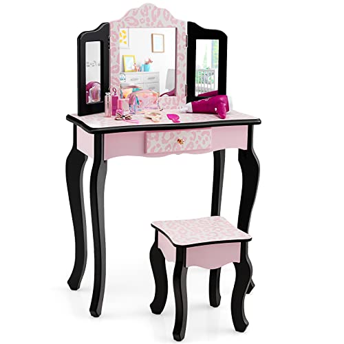 Kids Vanity Set with Tri-Folding Mirror and Stool, Pink Leopard Print