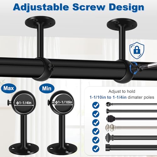 Heavy Duty Ceiling Curtain Rod Brackets, 4 Pack Black Holders for 1.25-Inch